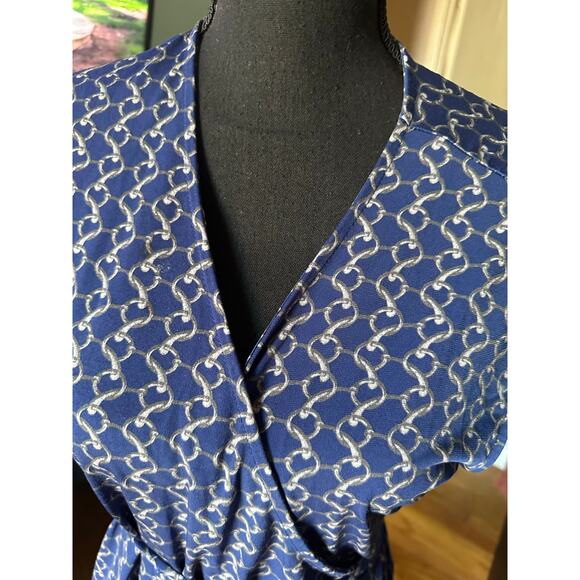 Michael Michael Kors Blue Chain Print Wrap Dress – Short Sleeve Belted – Size PL - Picture 7 of 7